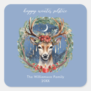 Winter Solstice Holiday Deer Wreath Yule Christmas Square Sticker
