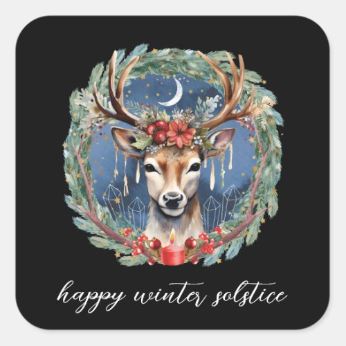 Winter Solstice Holiday Deer Wreath Yule Christmas Square Sticker