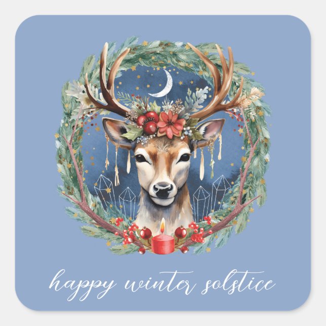 Winter Solstice Holiday Deer Wreath Yule Christmas Square Sticker (Front)