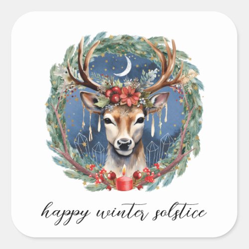 Winter Solstice Holiday Deer Wreath Yule Christmas Square Sticker