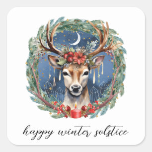 Winter Solstice Holiday Deer Wreath Yule Christmas Square Sticker