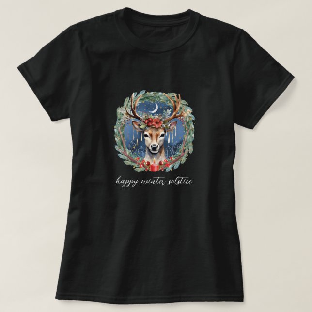 Winter Solstice Holiday Deer Wreath Yule Christmas T-Shirt (Design Front)
