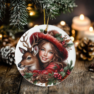 Winter Solstice Holly Girl & Deer Holiday Forest Ceramic Ornament