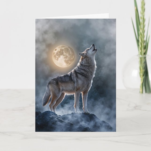 Winter Solstice Moon and Wolf in Fog Mist Mystical Card (Front)