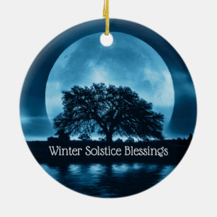 Winter Solstice Oak Tree and Big Full Moon Ceramic Ornament