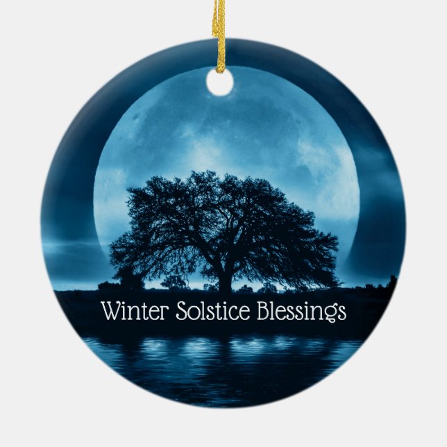 Winter Solstice Oak Tree and Big Full Moon Ceramic Ornament (Back)