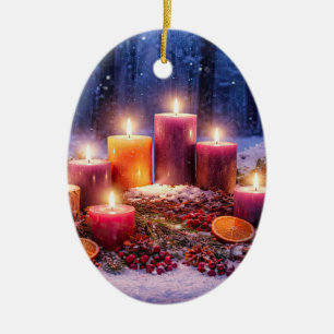 Winter Solstice Pretty Candles in the Snow Ceramic Ornament