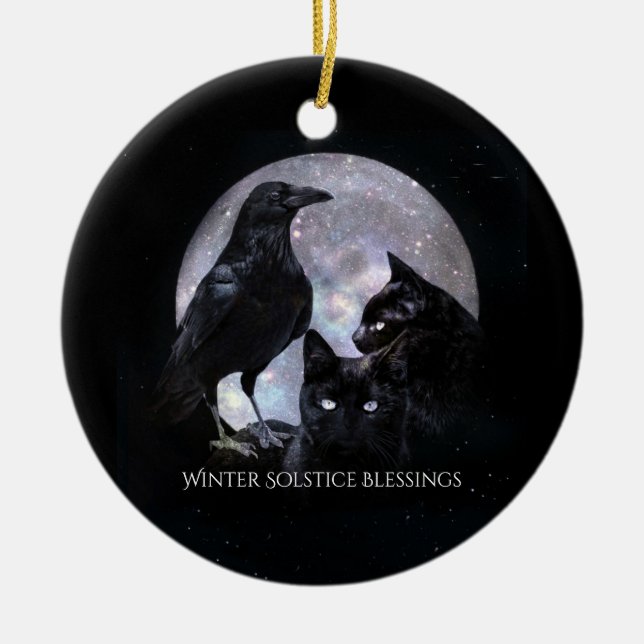 Winter Solstice Raven and Black Cats With Blessing Ceramic Ornament (Front)