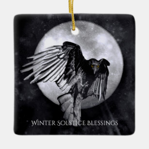 Winter Solstice Raven Crow and Moon Ceramic Ornament