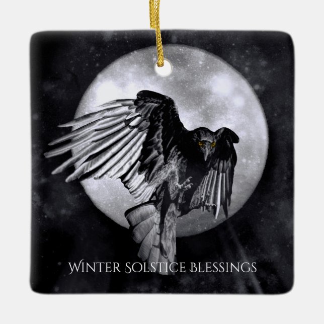 Winter Solstice Raven Crow and Moon Ceramic Ornament (Front)