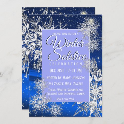 Winter Solstice Snowflake Flurry Blue Invitation