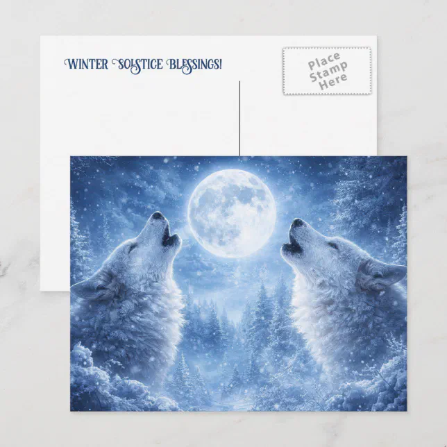 Solstice Theme Winter Solstice Two Wolves Howling Moon Holiday Postcard | Zazzle