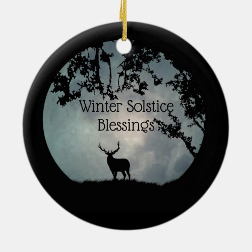 Winter Solstice With Elk and Moon Ceramic Ornament