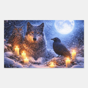 Winter Solstice Wolf Owl and Raven Mystical Rectangular Sticker