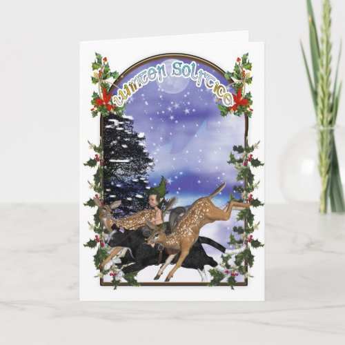 Winter Solstice Woodland Elf On Cat With Fawns Holiday Card