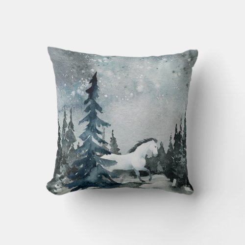 Winter Solstice Woodland Forest White Horse Throw Pillow