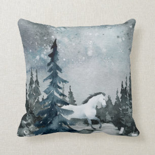 Winter Solstice Woodland Forest White Horse Throw Pillow