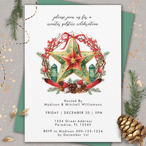 Winter Solstice Wreath Star Holiday Christmas Yule Invitation