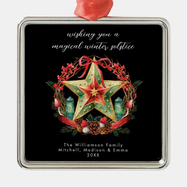 Winter Solstice Wreath Star Holiday Christmas Yule Metal Ornament (Front)