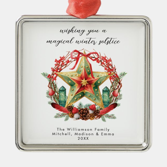 Winter Solstice Wreath Star Holiday Christmas Yule Metal Ornament (Front)