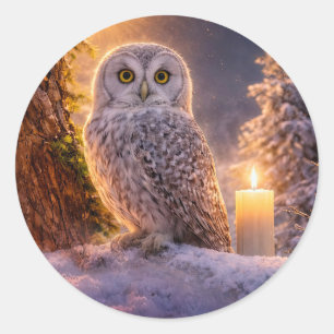 Winter Solstice Yule Owl and Candle Snow Classic Round Sticker