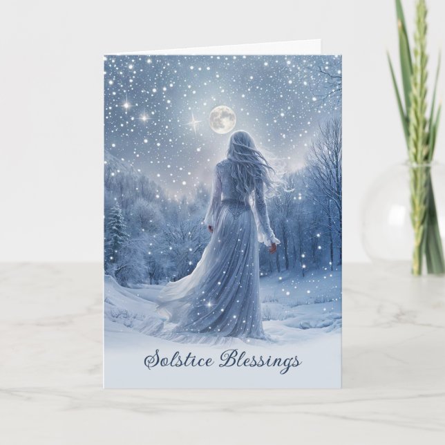 Winter Solstice Yule Snow and Moon Stars Blessing  Card (Front)