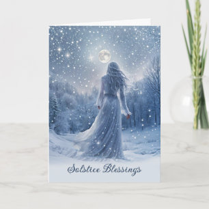 Winter Solstice Yule Snow and Moon Stars Blessing Card