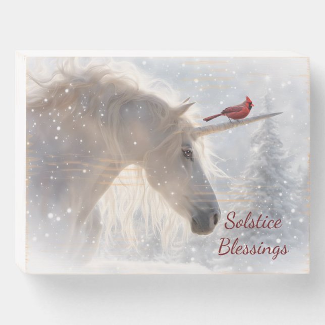 Winter Solstice Yule Unicorn Cardinal Holiday Wooden Box Sign (Front Horizontal)