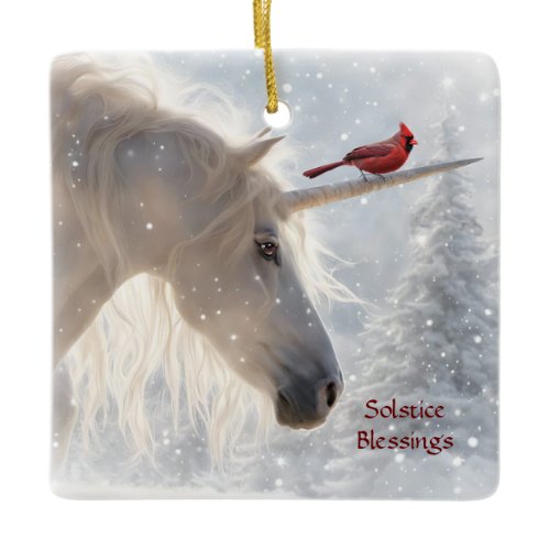 Winter Solstice Yule Unicorn Snow Ceramic Ornament