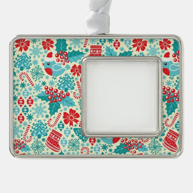 Winter Songbird Christmas Pattern Silver Plated Framed Ornament (Front)