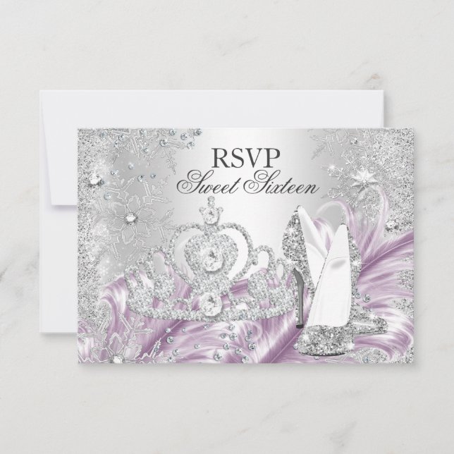 Winter Sparkle Snowflake Pink Sweet 16 RSVP Card (Front)