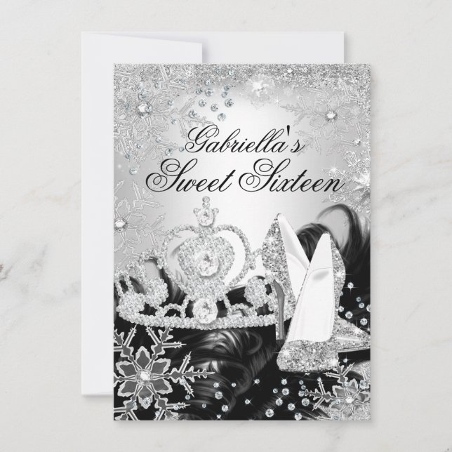 Winter Sparkle Snowflake Silver Sweet 16 Invite (Front)