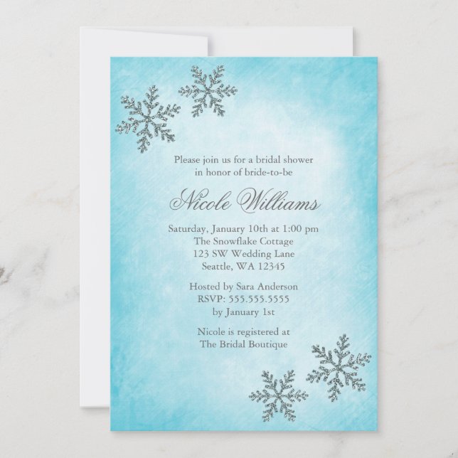 Winter Sparkle Snowflakes Teal Bridal Shower Invitation (Front)