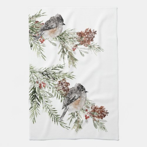Winter Sparrow Birds Spruce Tree Cones  Berries Kitchen Towel