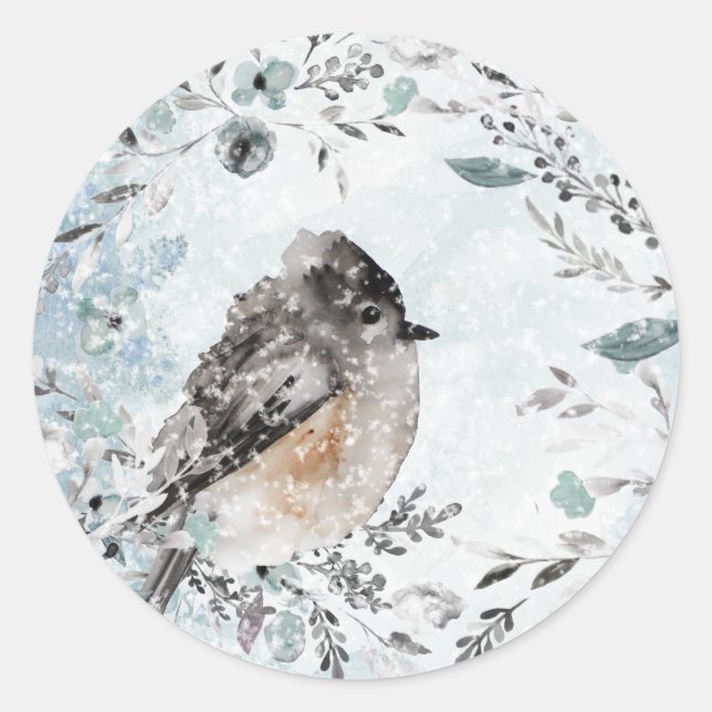 Winter Sparrow Dusty Blue Greenery Wreath Classic Round Sticker (Front)