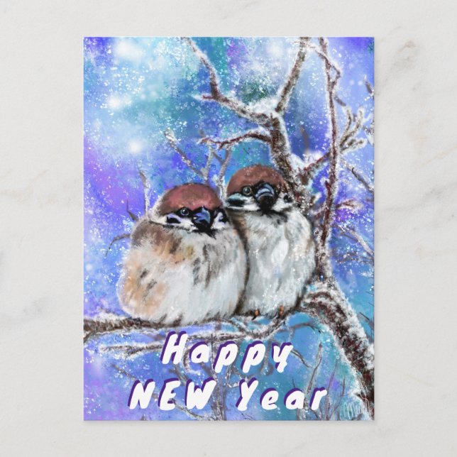 Winter Sparrows Couple Happy New Year Card (Front)