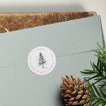 Winter Splendor Christmas Tree Return Address Classic Round Sticker<br><div class="desc">Designed to match our Winter Splendor holiday party invitations and stationery,  this elegant Christmas return address design features a soft green watercolor pine tree on a bed of snow,  dotted with golden stars. Personalize with your return address in elegant gray lettering.</div>