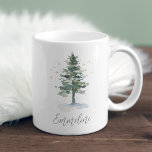Winter Splendor Pine Tree Personalized Christmas Coffee Mug<br><div class="desc">Designed to match our Winter Splendor holiday party collection,  this festive and elegant mug features your custom text or name,  topped by a watercolor pine tree in muted hunter green with golden stars.</div>