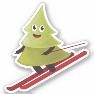 Winter Sports Happy Pine Tree On Ski Sticker