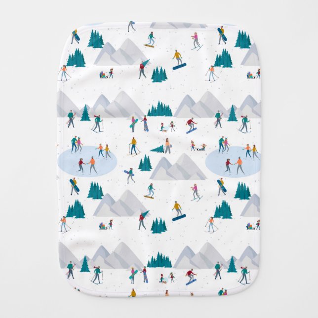 Winter Sports Holiday Fun Pattern Baby Burp Cloth (Front)