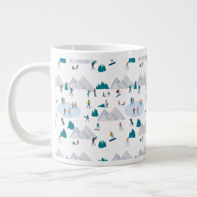 Winter Sports Holiday Fun Pattern Giant Coffee Mug (Left)