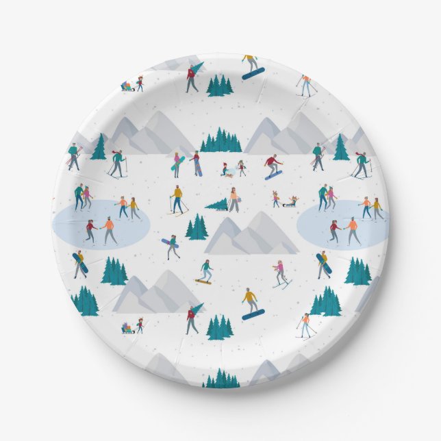 Winter Sports Holiday Fun Pattern Paper Plates (Front)