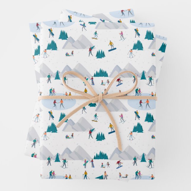 Winter Sports Holiday Fun Pattern Wrapping Paper Sheets (In situ)