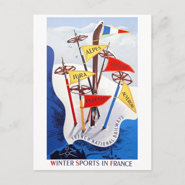 Winter sports in France, vintage travel Postcard (Front)
