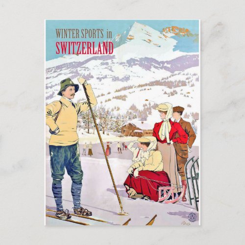 Winter sports in Switzerland vintage travel Postcard