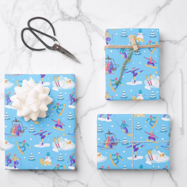 Winter Sports Skating Skiing Snowboarding Pattern Wrapping Paper Sheets (Front)