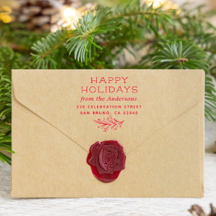 Winter Sprig Happy Holidays Name & Return Address Rubber Stamp