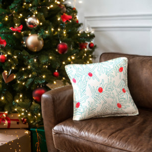 Winter Sprig Pattern Minimal Pine Branch & Berry Throw Pillow
