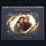 Winter Sprigs Christmas Gift Navy Blue Photo Calendar<br><div class="desc">Original hand drawn winter branches,  holly,  photo frame; with full bleed photos on each page and back side.</div>