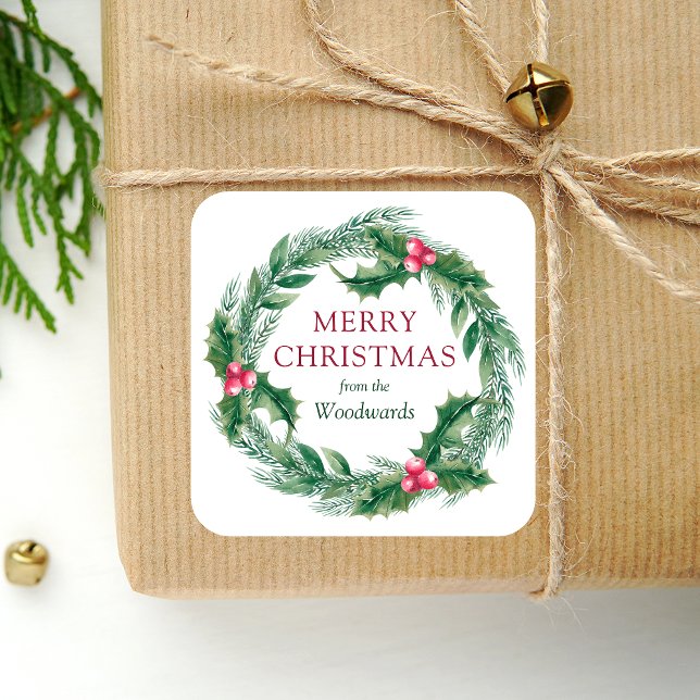 Winter Sprigs Wreath Merry Christmas Watercolor Square Sticker (Creator Uploaded)